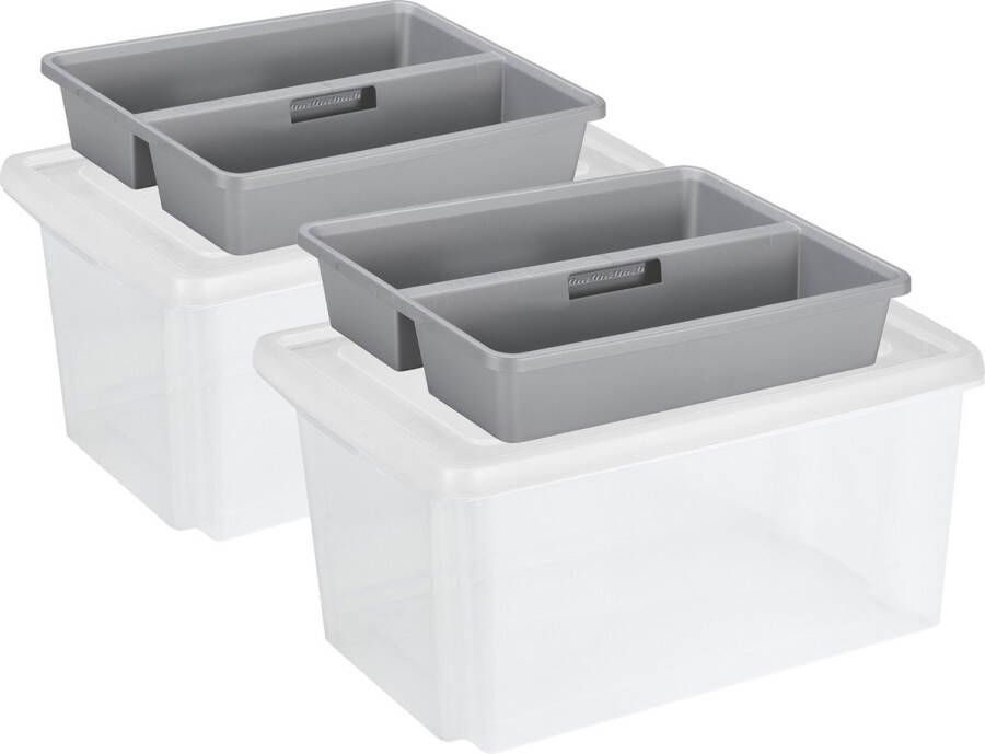 Sunware 2x opslagbox kunststof 51 liter transparant 59 x 39 x 29 cm met deksel en organiser tray Opbergbox