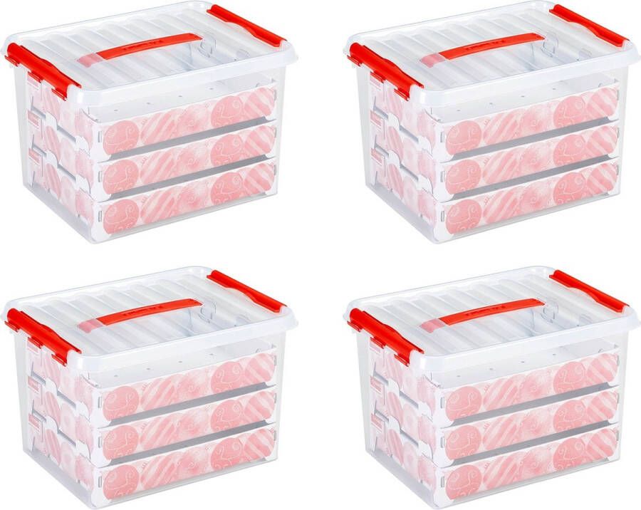 Sunware Q-line Kerstballen Opbergbox 22L Set van 4 Trays voor 60 kerstballen Transparant rood