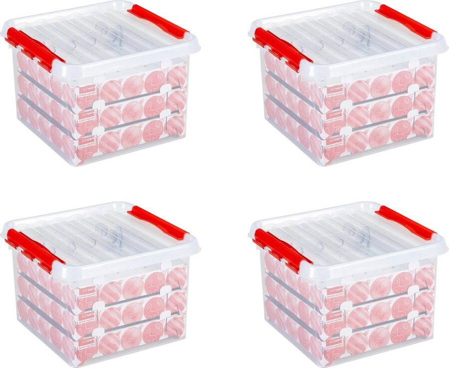 Sunware Q-line Kerstballen Opbergbox 26L Set van 4 Trays voor 75 kerstballen Transparant rood