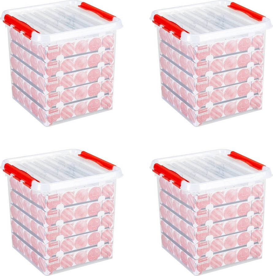 Sunware Q-line Kerstballen Opbergbox 38L Set van 4 Trays voor 125 kerstballen Transparant rood