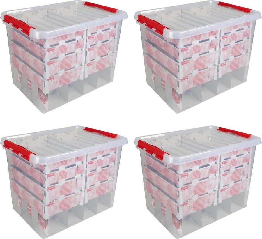 Sunware Q-line Kerstballen Opbergbox 72L Set van 4 Ook geschikt voor Grote Kerstballen Trays voor 128 kerstballen Transparant rood