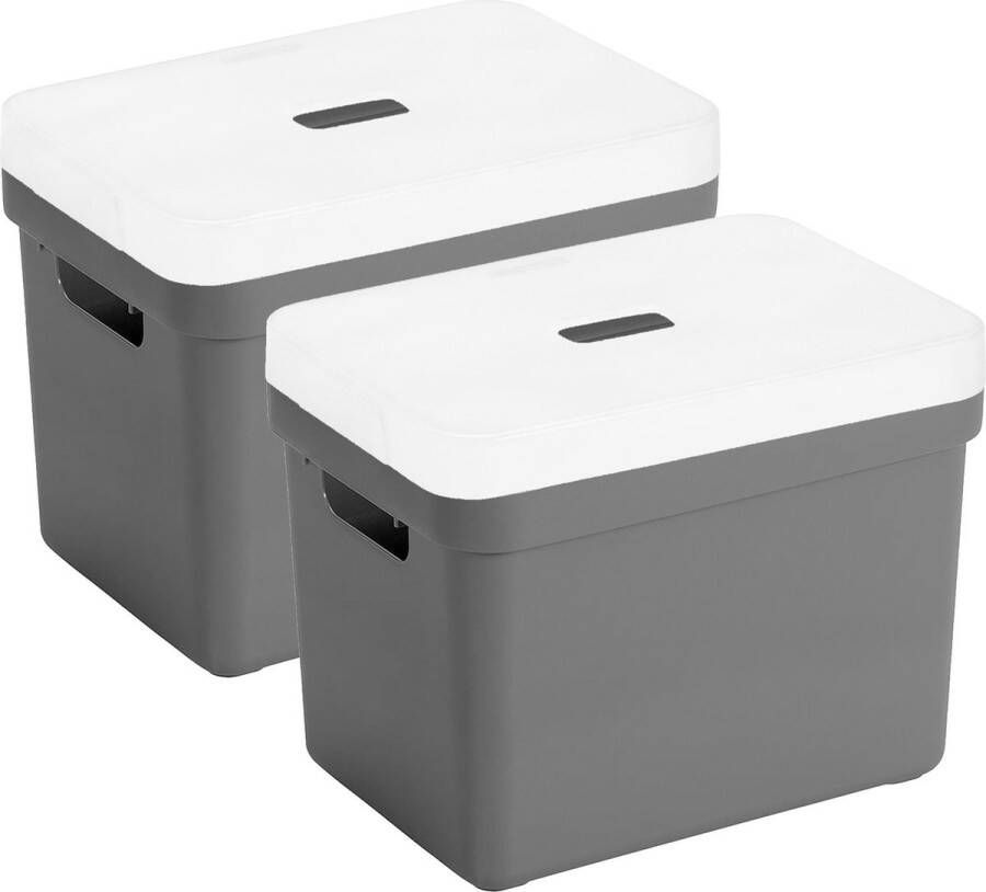 Sunware Set van 2x opbergboxen opbergmanden antraciet van 18 liter kunststof met transparante deksel 35 x 25 x 24 cm