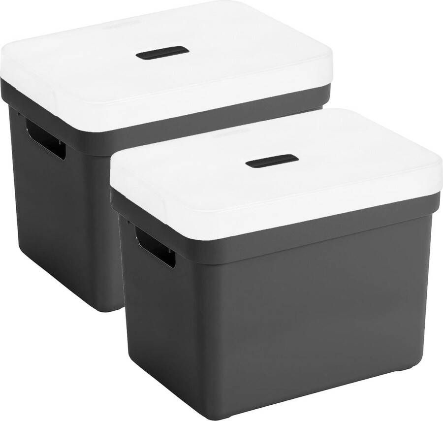 Sunware Set van 2x opbergboxen opbergmanden zwart van 18 liter kunststof met transparante deksel 35 x 25 x 24 cm