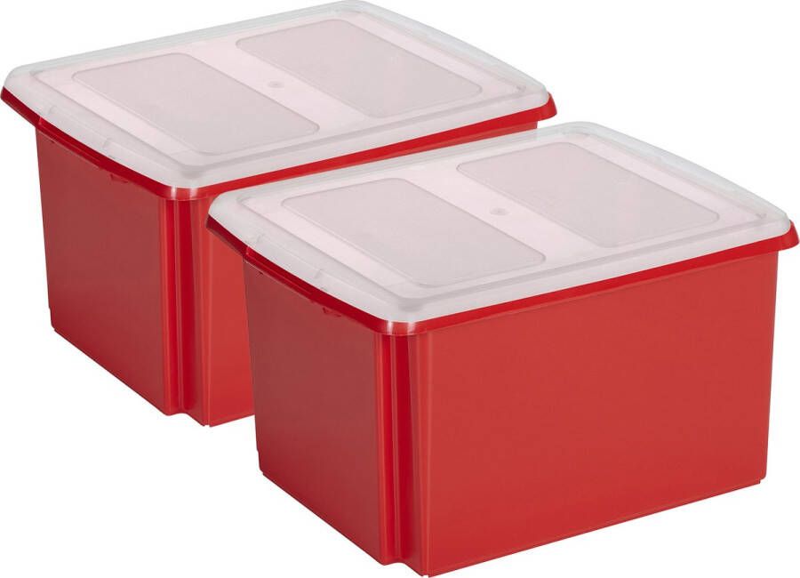 Sunware set van 2x opslagboxen kunststof 32 liter rood 45 x 36 x 24 cm met deksel Opbergbox