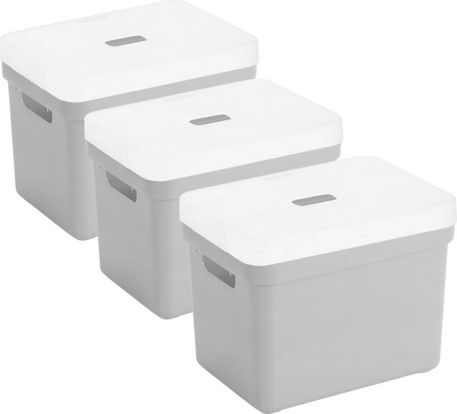 Sunware Set van 3x opbergboxen opbergmanden lichtgrijs van 18 liter kunststof met transparante deksel 35 x 25 x 24 cm