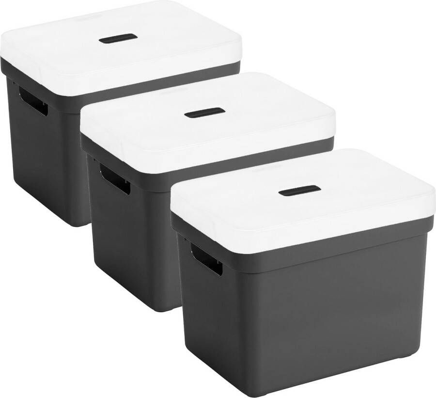 Sunware Set van 3x opbergboxen opbergmanden zwart van 18 liter kunststof met transparante deksel 35 x 25 x 24 cm