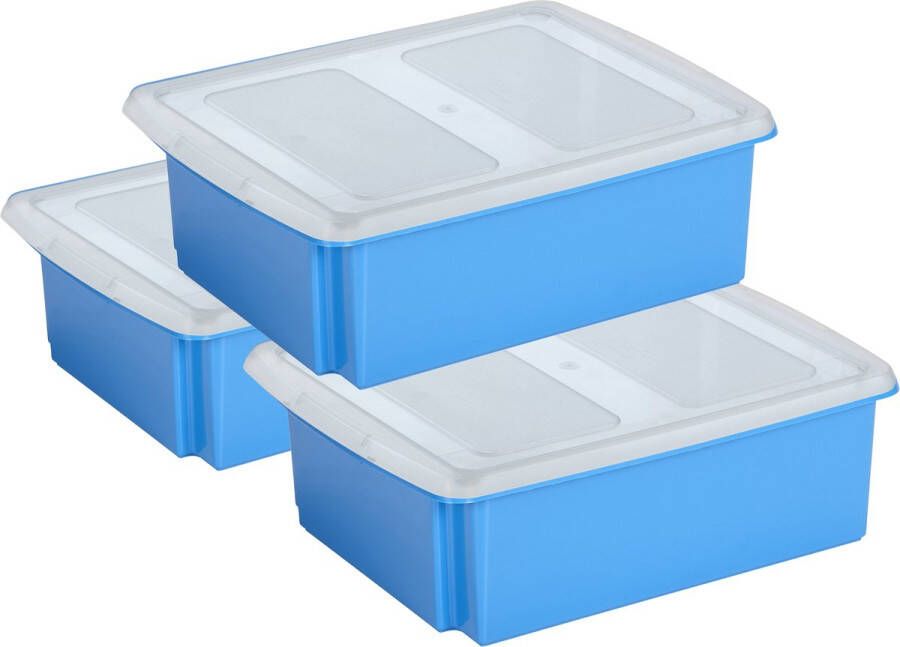 Sunware set van 3x opslagboxen kunststof 17 liter blauw 45 x 36 x 14 cm met deksel Opbergbox