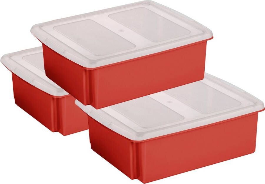 Sunware set van 3x opslagboxen kunststof 17 liter rood 45 x 36 x 14 cm met deksel Opbergbox