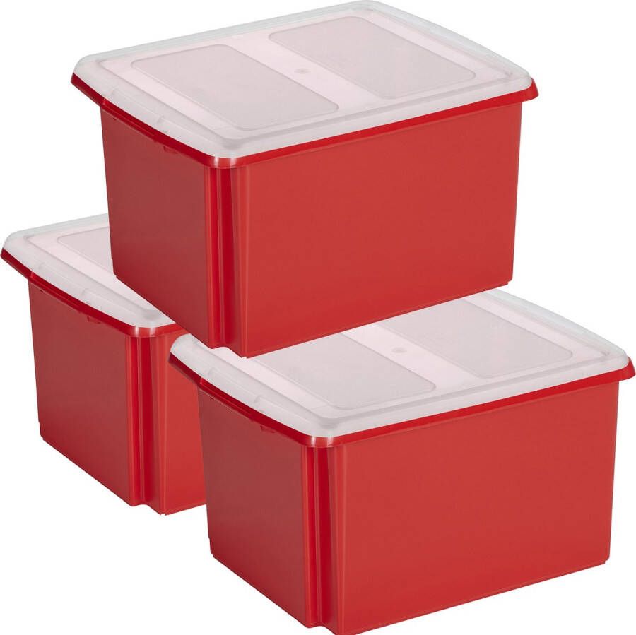 Sunware set van 3x opslagboxen kunststof 32 liter rood 45 x 36 x 24 cm met deksel Opbergbox
