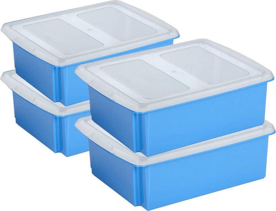 Sunware set van 4x opslagboxen kunststof 17 liter blauw 45 x 36 x 14 cm met deksel Opbergbox
