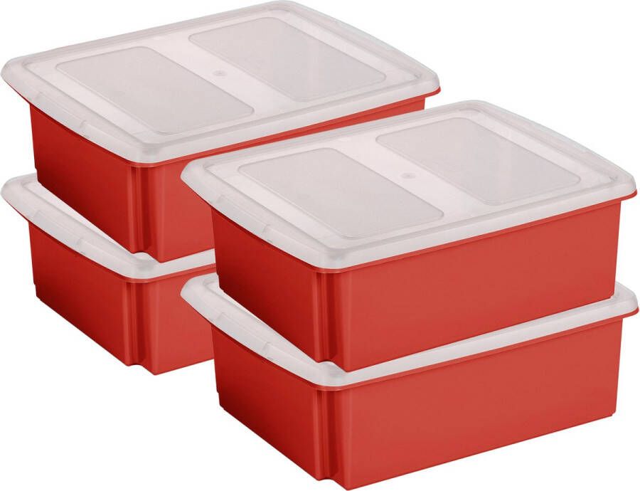 Sunware set van 4x opslagboxen 17 liter rood 45 x 36 x 14 cm met afsluitbare deksel
