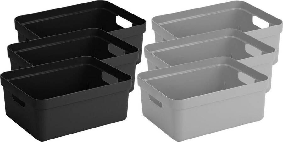 Sunware Set van 6x stuks opbergboxen opbergmanden 24 liter kunststof zwart en grijs Formaat per box: 45 3 x 35 4 x 18 3 cm