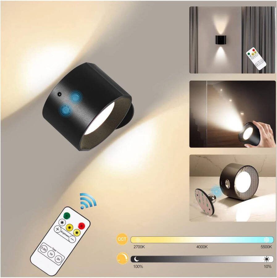 Super Store LED Wandlamp Binnen Nachtlampje USB Oplaadbaar Draadloos Warm White Cool White Instelbare kleur en traploos dimbaar Slaapkamer Woonkamer 360° rotatie Zonder Boren Afstandsbediening Touch Control Trapverlichting