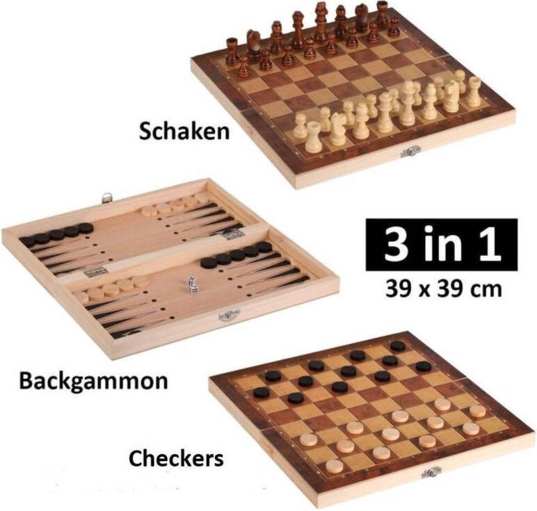 SuperiorShopping 3 in 1 Schaakset Checkersbord en Backgammon – Schaakspel inclusief schaakstukken en stenen Opklapbaar Schaakbord Schaken Dammen 39 x 39 cm