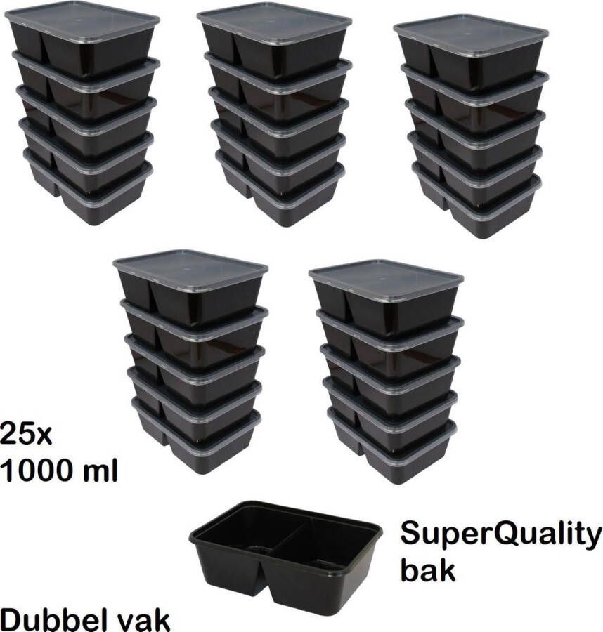 SuperQuality Vershoudbakjes Vershouddoos Meal Prep Bakjes Met Deksel 2 vak Magnetron bak 1000ml inhoud Zwart 25 stuk Ook geschikt voor Diepvries 100% Recycelbaar