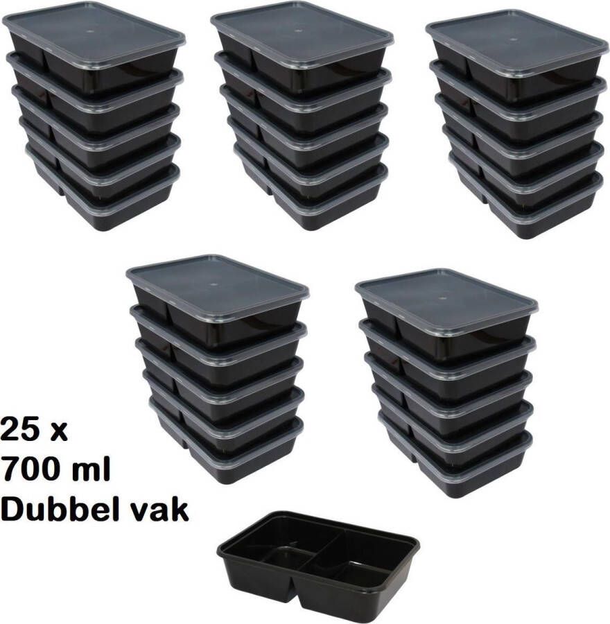 SuperQuality Vershoudbakjes Vershouddoos Meal Prep Bakjes Met Deksel 2 vak Magnetron bak 700ml inhoud Zwart 25 Stuk. 100% Recycelbaar ook gechikt voor Diepvries