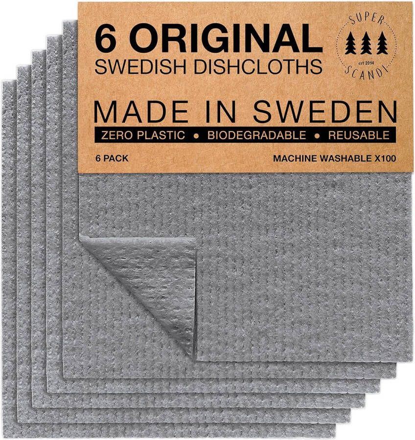 SUPERSCANDI Multifunctionele Schoonmaakdoekjes Gemaakt in Zweden schoteldoeken Milieuvriendelijk Alternatief voor Papieren Doeken – 20x17 cm Grijs 6 Stuks Herbruikbare Vaatdoeken Voor in de Keuken