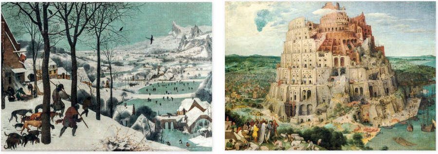 Supervintage Set van 2 theedoeken kunst collectie Breughel Jagers in de sneeuw & Breughel Toren van Babel 100 % katoen 50 x 70 cm by
