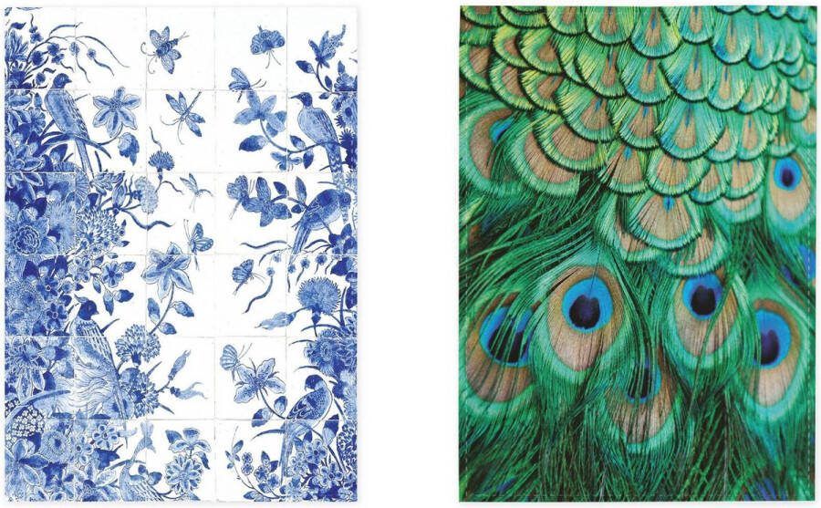 Supervintage Set van 2 theedoeken kunst collectie Delft Blauw Tegel Plateau & Pauw veren 100 % katoen 50 x 70 by