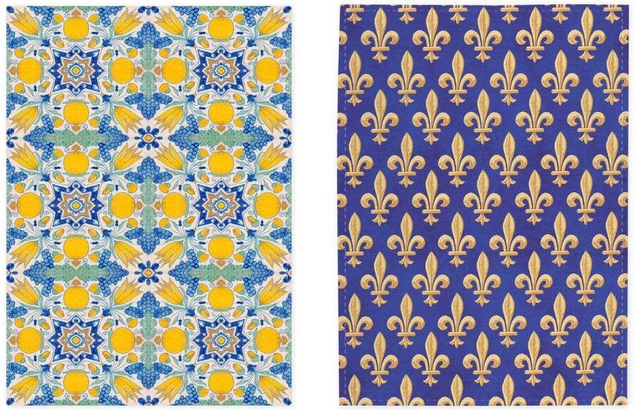 Supervintage Set van 2 theedoeken kunst collectie Fleur de Lys Polychrome Tulp Hoektegel 100 % katoen 50 x 70 by