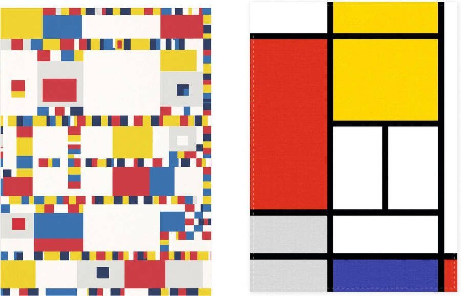 Supervintage Set van 2 theedoeken kunst collectie Mondriaan Boogy Woogy & Composition Red Yellow Blue 100 % katoen 50 x 70 cm by