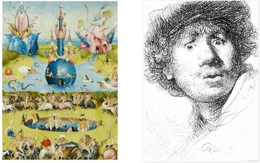 Supervintage Set van 2 theedoeken kunst collectie Rembrandt curious face Jheronimus Bosch Garden of Earthly Delights 100 % katoen 50 x 70 by