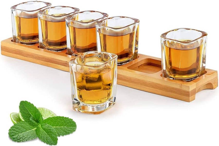 SuproBarware Shot Bril Set Houder en Shot Glazen Cups Bulk 60ml Set van 6 Cocktail Drankjes Serveerplank Organizer met Clear Crystal Glazen voor Liquor Shots Whisky Brandy Wodka Rum Home Party Bar