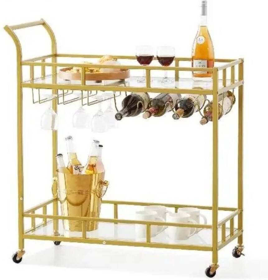 Suredeal Wijntrolley Goud Op Wielen Luxe uitstraling 85 5x38x93 cm Wijnrek Wijnkoeler Wijn Accessoire