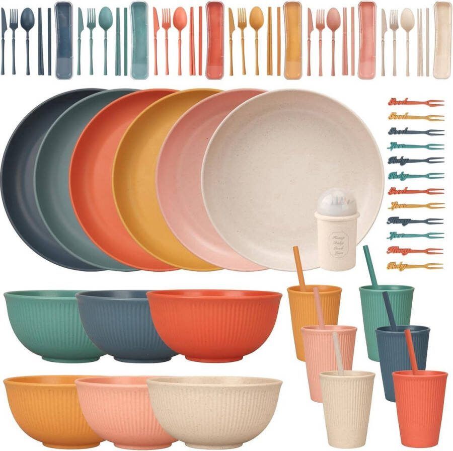 SURMOUNTY 66-delige servies set Herbruikbaar voor 6 personen Camping serviesset Kunststof servies Borden kommen kopjes bestek eetstokjes Picknick servies Plastic serviesgoed Lichtgewicht Onbreekbaar Kleurrijk