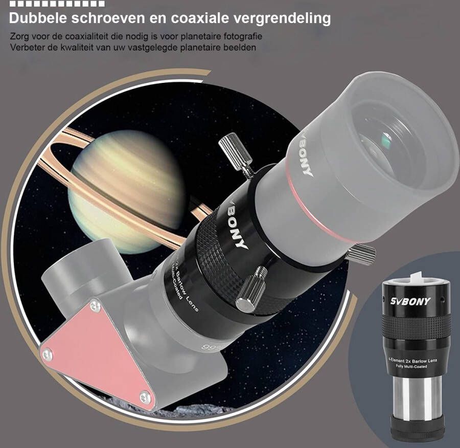 SVBony SV216 Barlow Lens 2x 1.25 inch Metaal Barlow 4 Elementen Apochromatisch FMC Telescoop Lens Geschikt voor Planetaire Fotografie en Observatie Accessoires Telescoop Accessoires Barlow Lenzen
