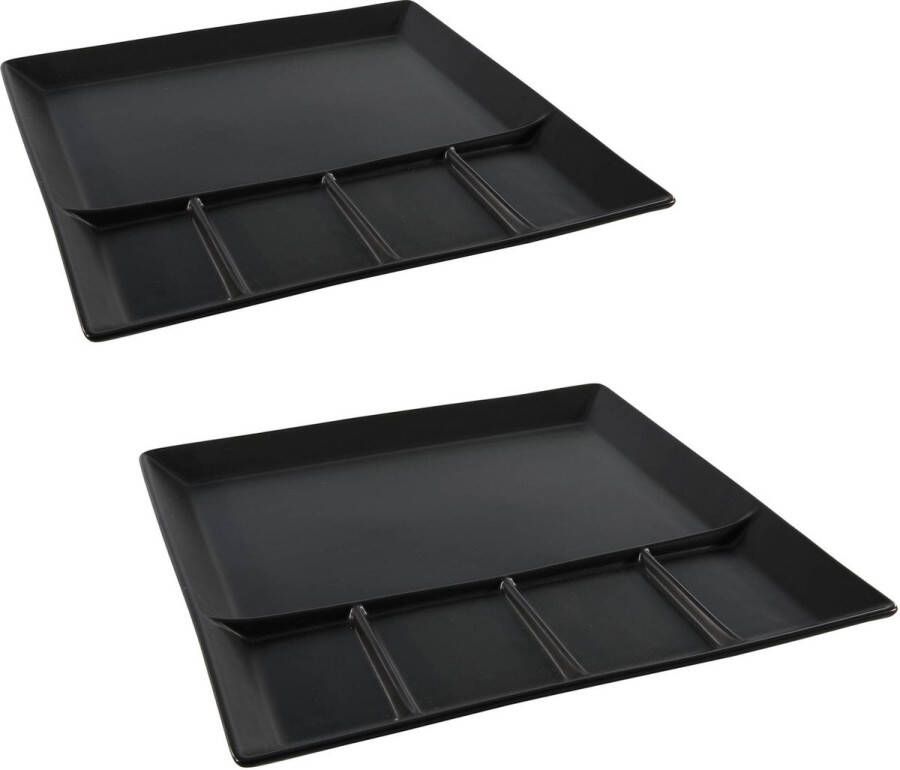 Svenska Living 2x stuks fondue gourmet bord barbecuebord gourmetbord met vakjes vierkant aardewerk mat zwart 24 cm
