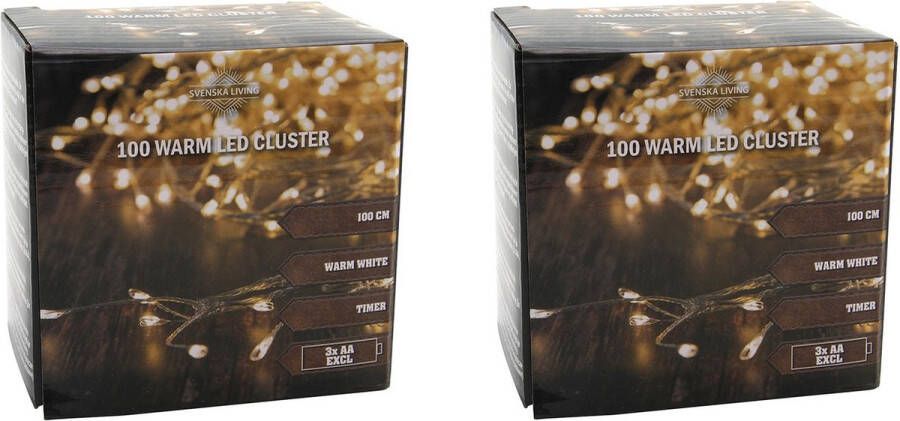 Svenska Living Set van 2x stuks cluster draadverlichting lichtsnoer met 100 lampjes warm wit 100 cm Clusterverlichting kerstverlichting