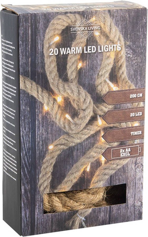 Svenska Living Touwverlichting jute op batterijen met 20 lampjes warm wit 200 cm Kerstverlichting lichtsnoeren kerstversiering
