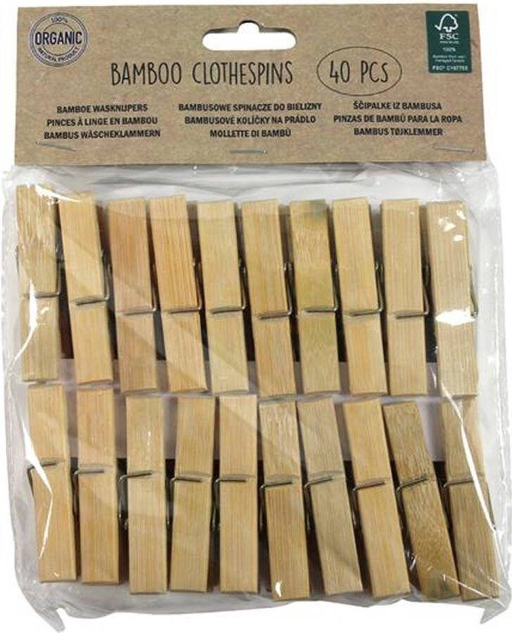 Merkloos Wasknijpers voor wasgoed ophangen bamboe hout 40x stuks beige 7 cm Knijpers