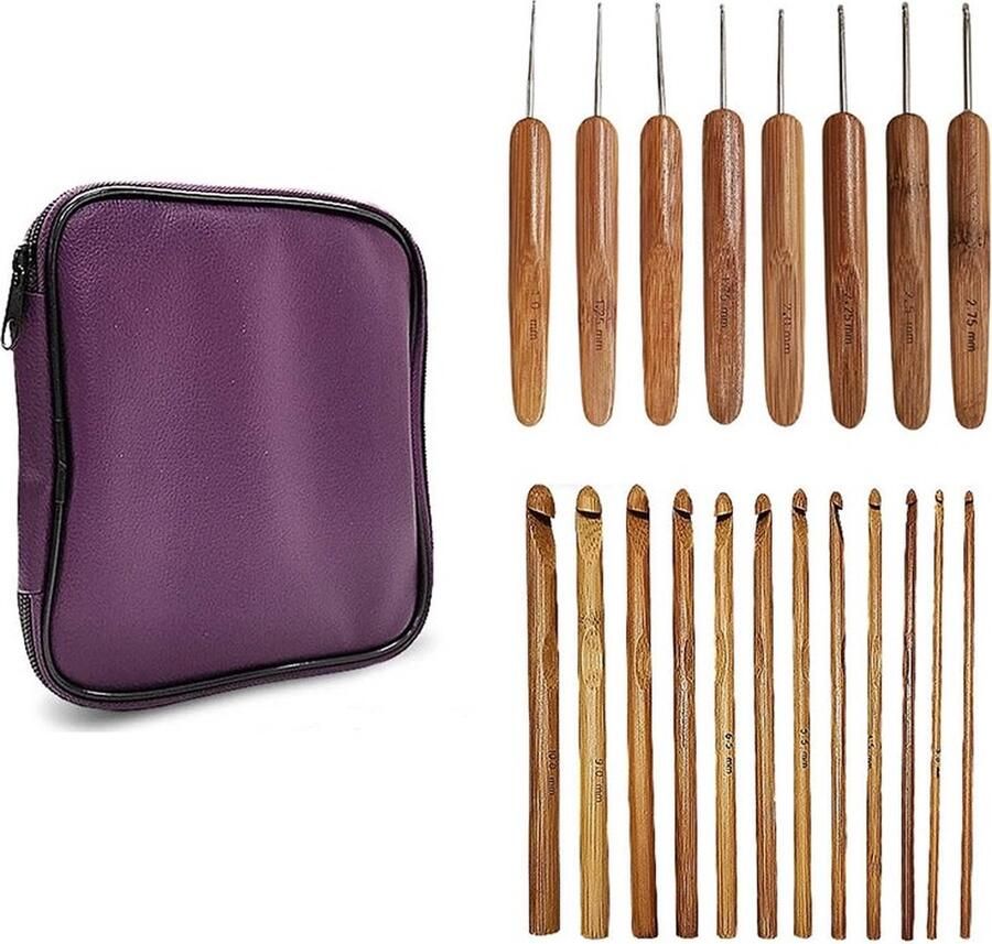 SVH Company 21-Delige Ergonomische Bamboe Haaknaalden Set Haaknaaldenset met Etui