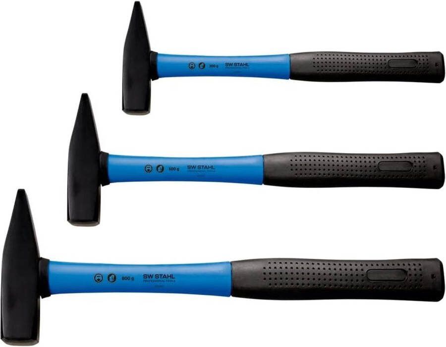 SW-Stahl 50430L slotenmakershamerset met glasvezelhandvat 3-delig I-hamer met rubberen handgreep gereedschaphamer met glasvezelhandgrepen hamer 300 g 500 g en 800 g kopgewicht