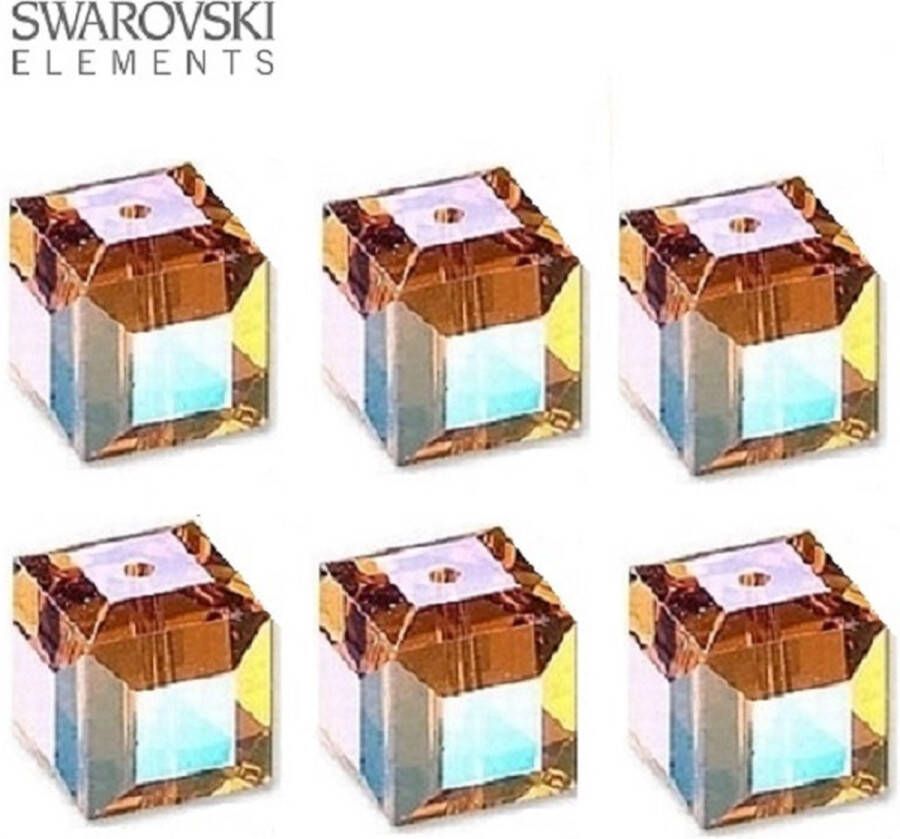 Swarovski kristal kubus kralen van 10x10mm in de kleur Topaz AB. Per 6 stuks