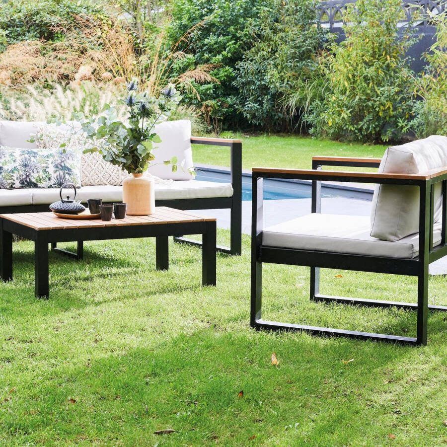 Alice's Garden Loungeset 5 plaatsen van aluminium en eucalyptus – NAZCA – antraciet structuur lichtgrijs kussens