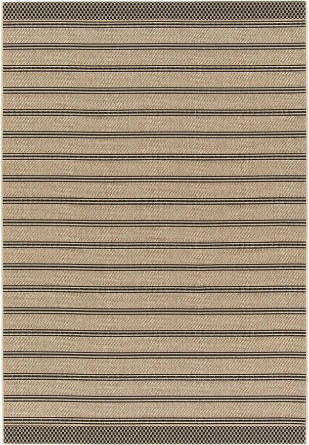 Sweeek Beige binnen- buitentapijt met zwarte strepen op een achtergrond met jute-effect uv-gestabiliseerd