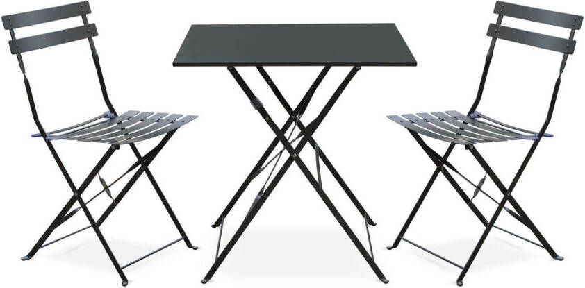 Alice's Garden Emilia Bistroset 2 inklapbare stoelen en een vierkante tafel 70x70 van gepoedercoat staal – Antraciet