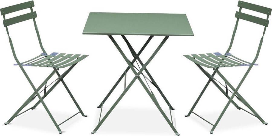 Alice's Garden Emilia Bistroset 2 inklapbare stoelen en een vierkante tafel 70x70 van gepoedercoat staal – Groengrijs