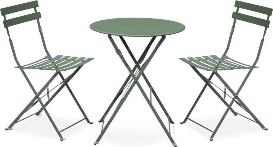 Alice's Garden EMILIA bistroset 2 inklapbare stoelen en een ronde tafel van gepoedercoat staal met matte afwerking – groengrijs