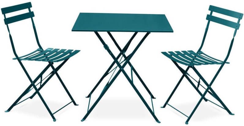 Alice's Garden Emilia Bistroset 2 inklapbare stoelen vierkante tafel 70x70 van gepoedercoat staal – Donker Turquoise
