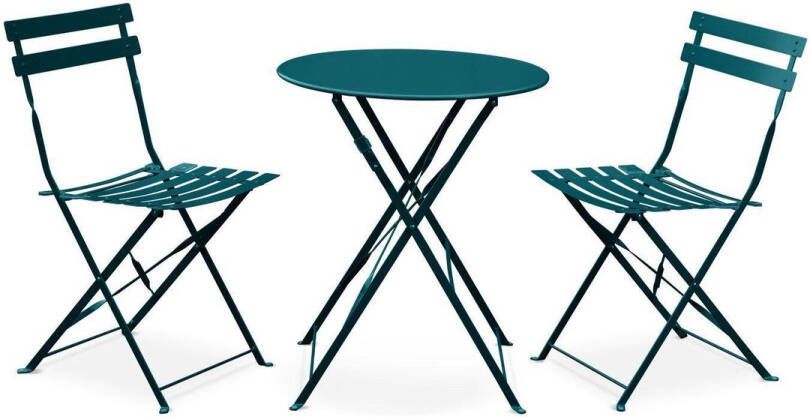 Alice's Garden EMILIA bistroset 2 inklapbare stoelen en een ronde tafel van gepoedercoat staal met matte afwerking – donker turquoise