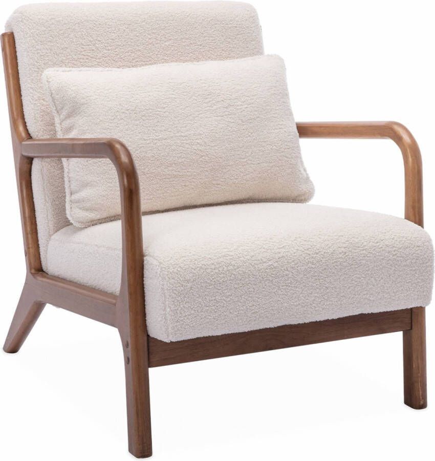 Sweeek Gekrulde fauteuil licht walnoot gebeitste rubberhouten poten 1 vaste rechte zitting scandinavische kompaspoten massief houten frame