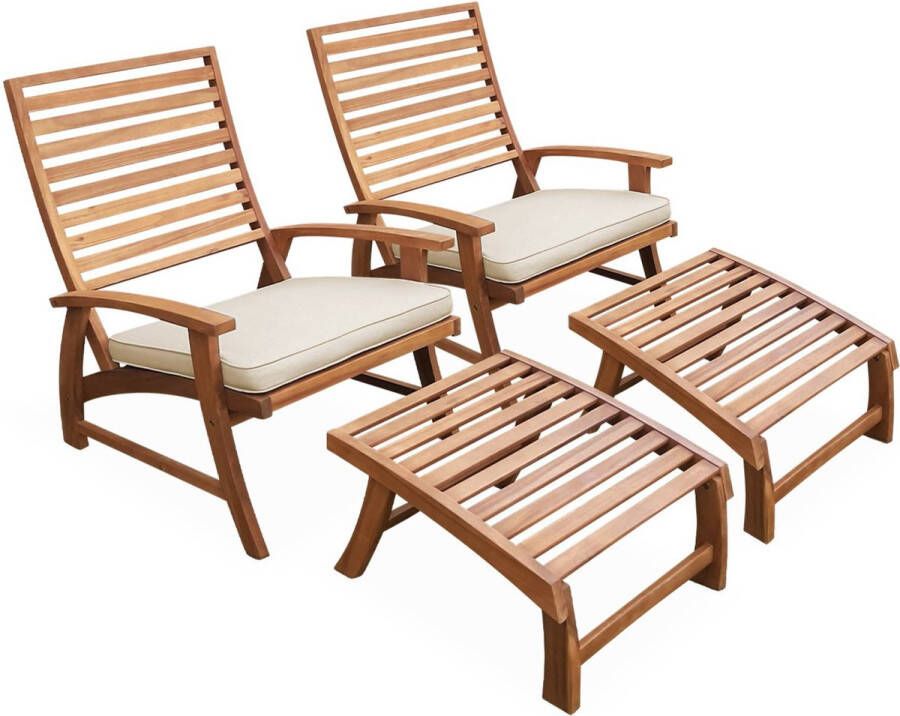 Sweeek Set van 2 acaciahouten ligstoelen met voetsteun puebla