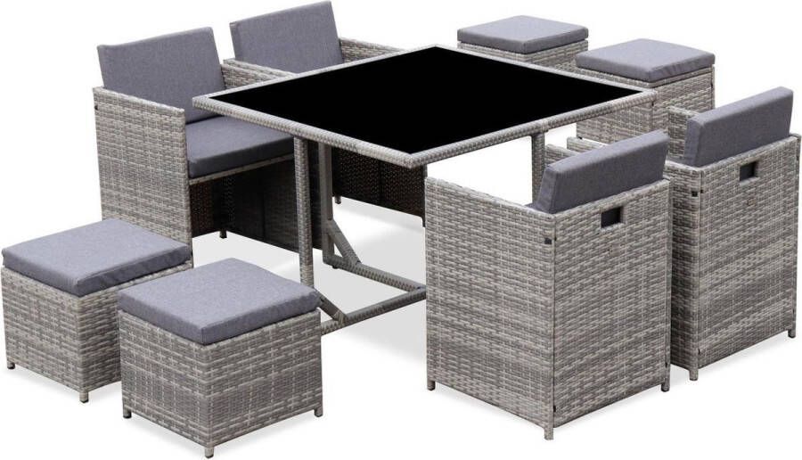 Alice's Garden Vabo set 1 rechthoekig tafel 4 stoelen en 4 voetenbanken van gevlochten hars