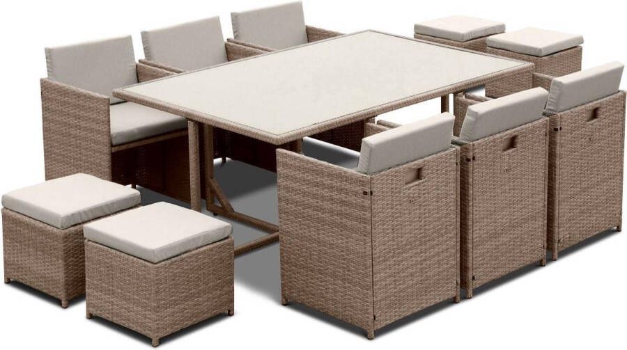 Alice's Garden Vasto set 1 rechthoekig tafel 6 stoelen en 4 voetenbanken van gevlochten hars