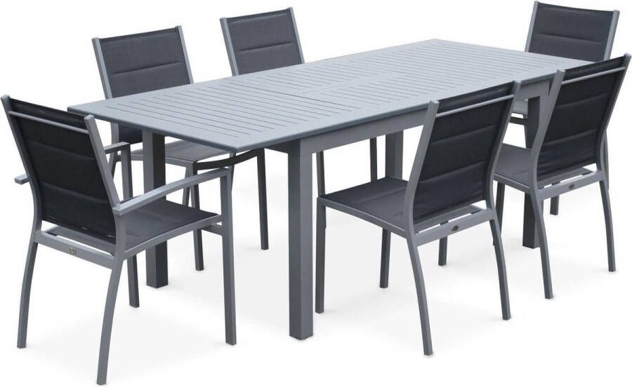 Alice's Garden Tuinset CHICAGO 210 6 stoelen Uitschuifbare tafel 150 210cm Donkergrijs