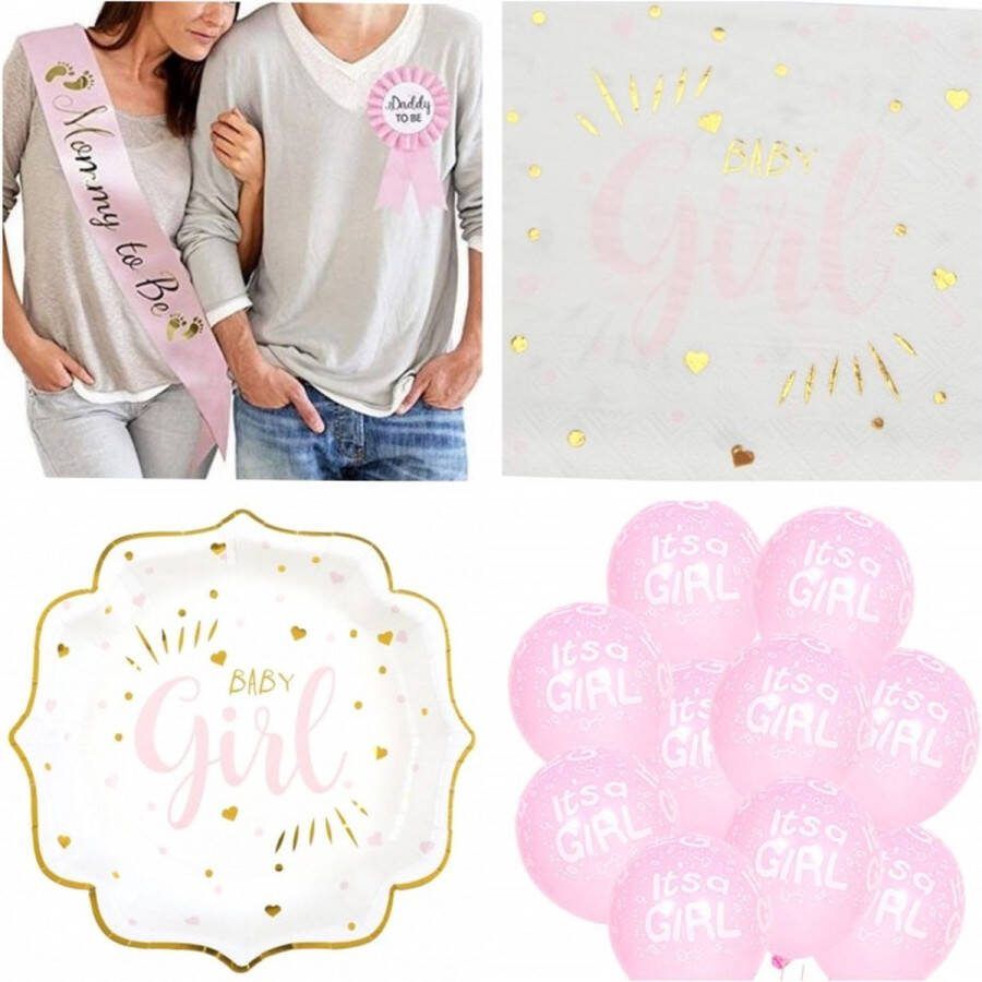 Sweet-One 42-delige Genderreveal set It's a Girl met sjerp rozet servetten bordjes en ballonnen babyshower genderreveal it's a girl